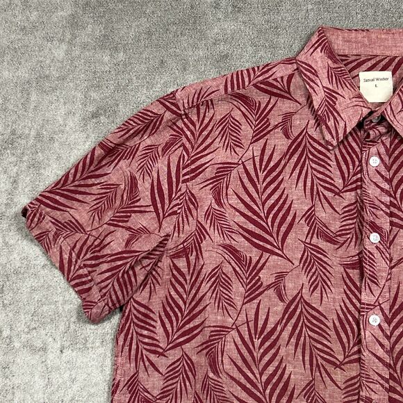 Samuel Windsor Shirt Mens Linen Blend Button Up Large Red Chambray Leaves Hawaii - Picture 3 of 11